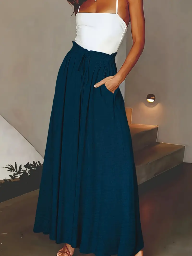 womens elegant high waist wide leg pants solid color polyester loose fit with drawstring detail fashion stylish wide leg pant details 2