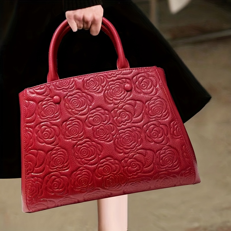 ladies' genuine leather floral embossed handbag stylish - Temu New Zealand