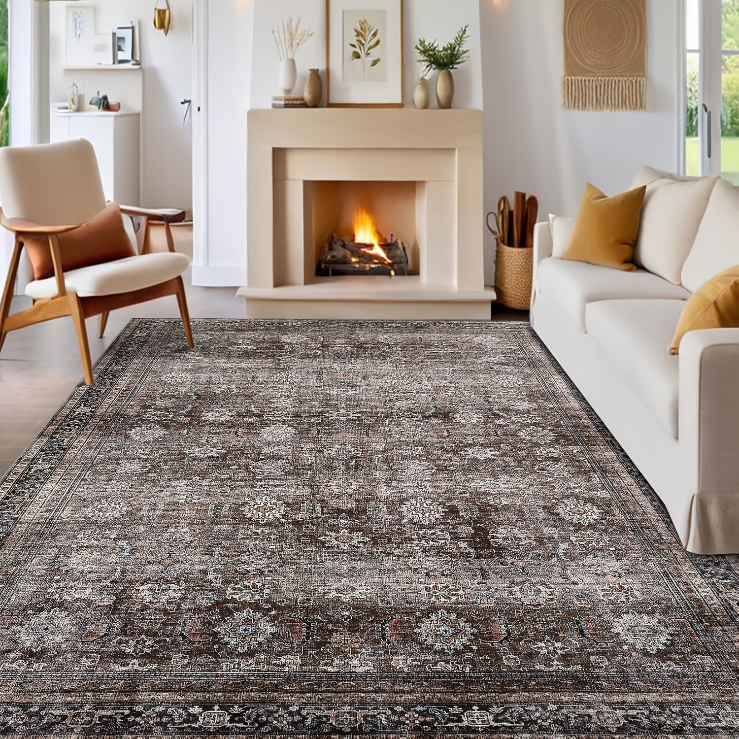 Washable Area Rugs Vintage Printed Accent With Non-slip Backing, Oriental Throw Rugs, Farmhouse Low Pile Floor Mat For Bedroom, Living Room
