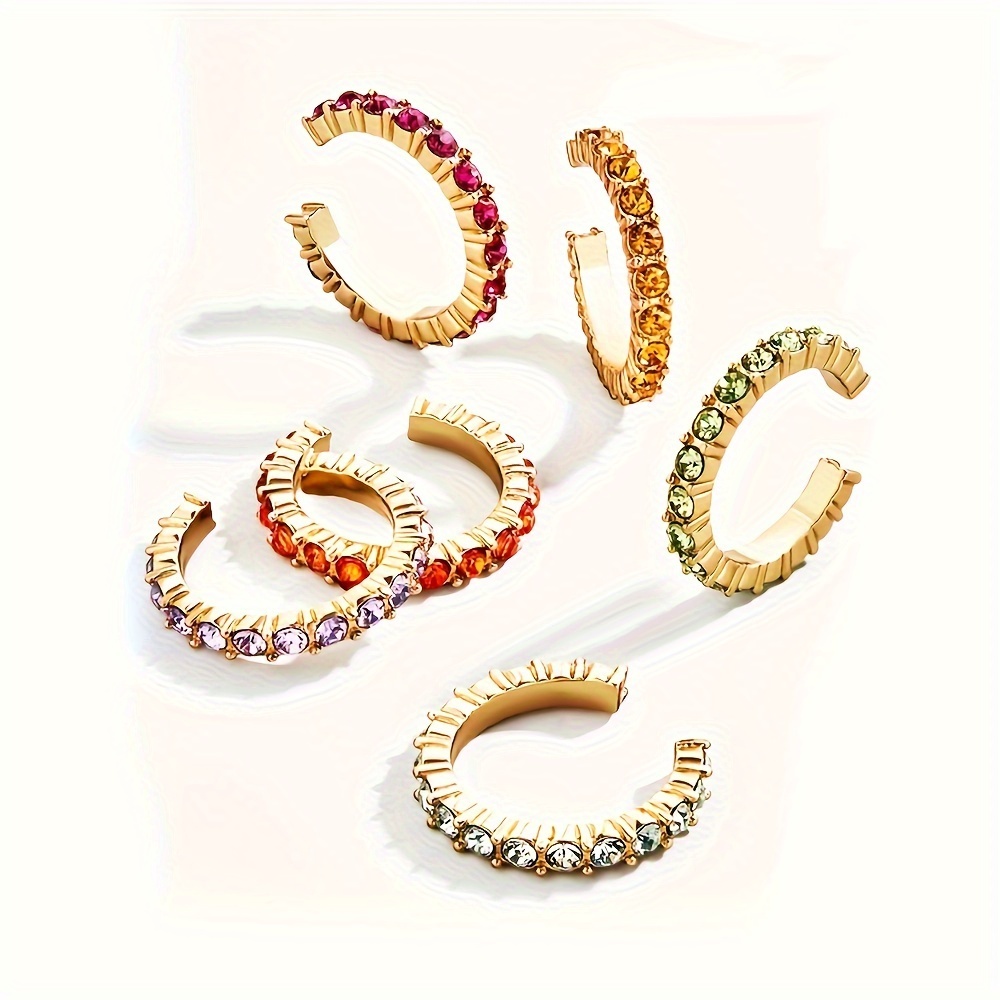 

6pcs Chic Earrings Set, Alloy With Synthetic Zirconia, Fashionable Open Ear Cuffs, No Post, Gemstone Ear Jewelry