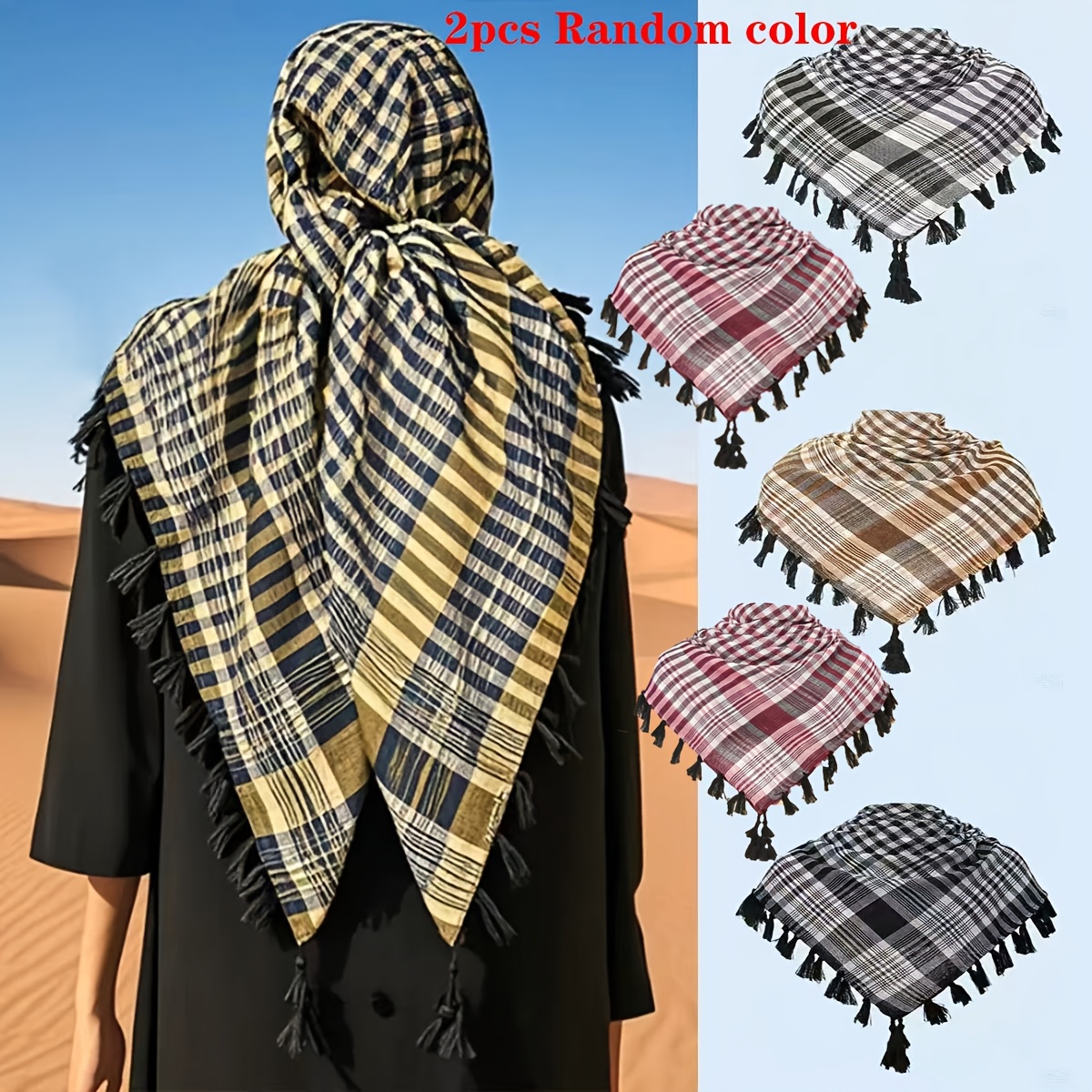 TEMU 2pcs Random Color Classic Saudi Arabia Print Scarf Headscarf, Fashionable Outdoor Face Cover Scarf, Versatile Neck Scarf Shawl