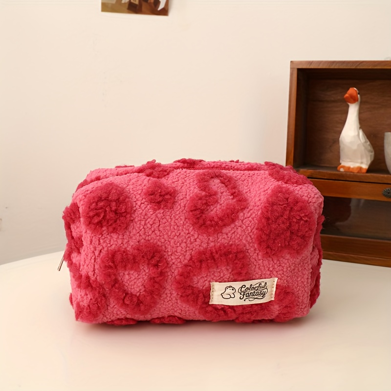 Image of [ ] Plush Girl Heart-shaped Makeup Bag Sweet Portable Travel Heart Princess Storage Bag Pendant Bag Student Pencil Case/can Store: Cosmetics, Skincare Products, Beauty Tools, Sanitary Napkins, Etc