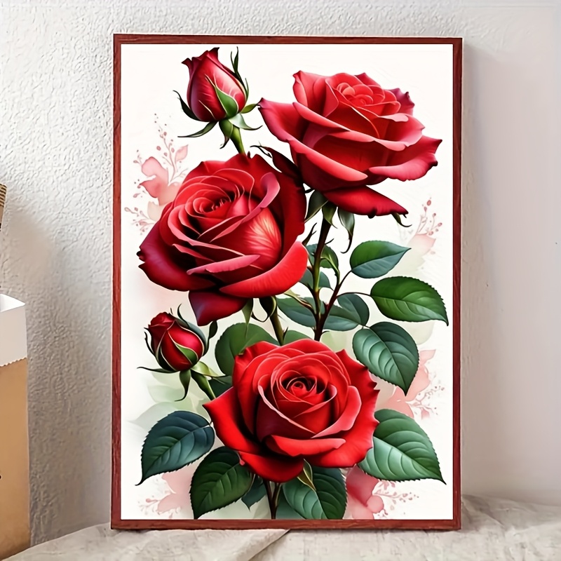 TEMU 1pc Red Gentle Bloom Diamond Painting Kit - 5d Home And Office Decor, 30x50cm/11.8x19.69inch Vibrant Design, Office Artwork | | Craft Supplies,