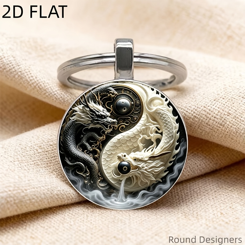 TEMU 2D-flacher Yin-Yang-Drachen-Schlüsselanhänger – 2D-flacher runder Metall-Schlüsselring mit chinesischer Drachenkunst, Geschenk für spirituelles