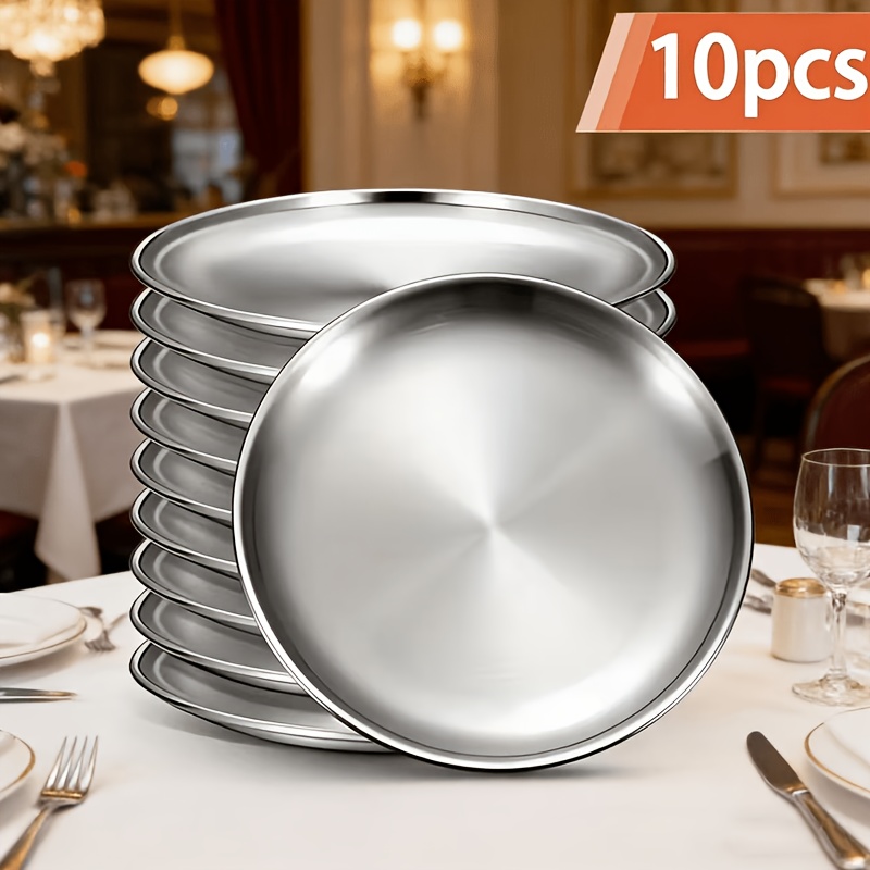 TEMU Stainless Steel Plate Set Of 5 Of 10, Durable, Bpa Free, Dishwasher Safe, Suitable For Desserts, Fruits And Grills - Rugged, Metal, Versatile
