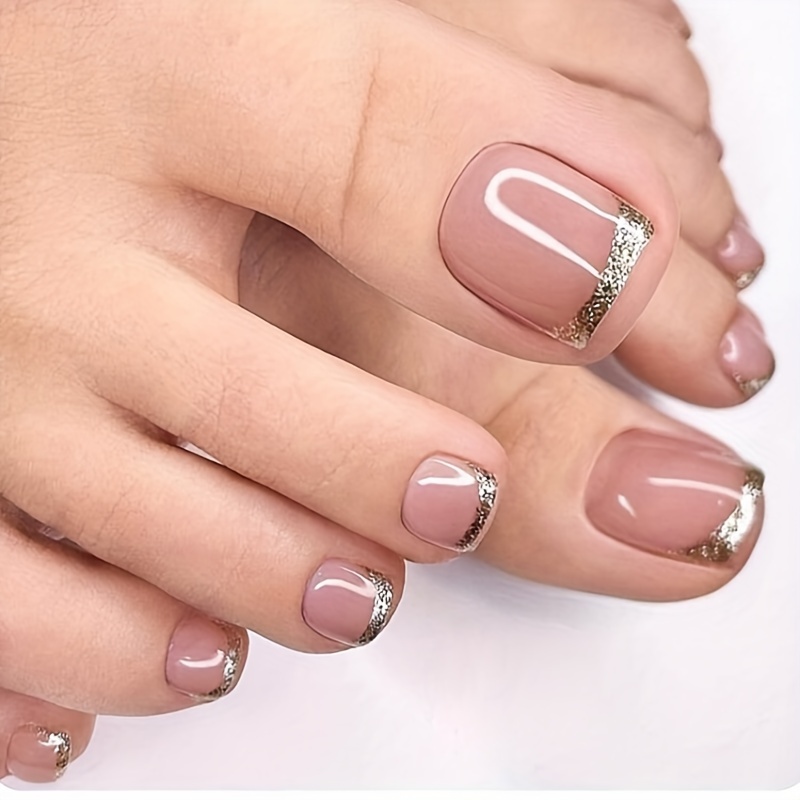 

24-piece Elegant Nude Square Short Press-on Toe Nails With French Glitter Tip And Glossy Finish - Natural Color Tone, Pure Pattern Design