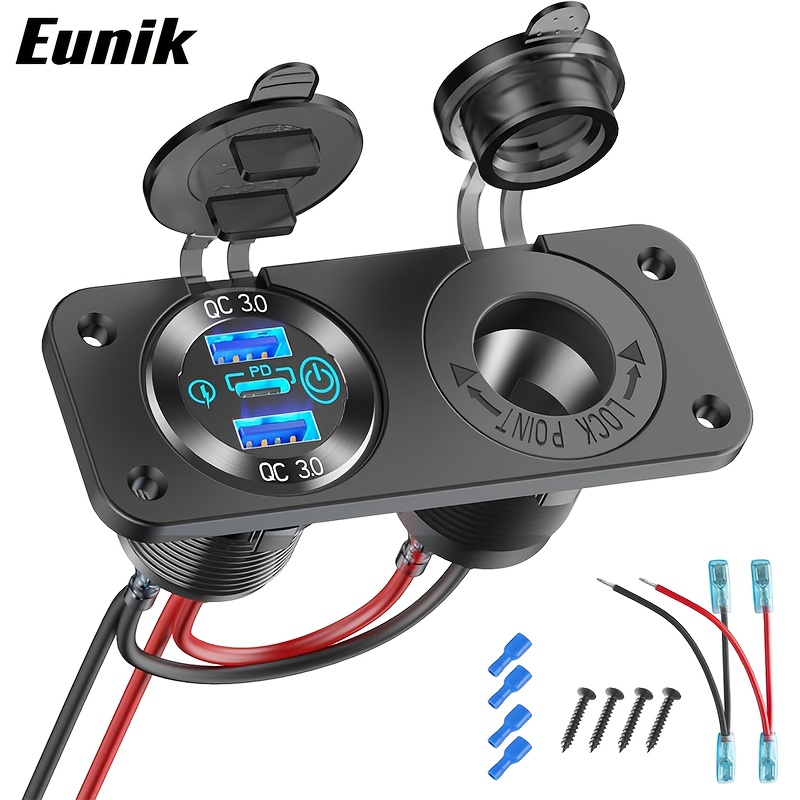 Image of 12v Usb Outlet Marine Switch Panel 12 Volt Plug, Pd3.0 & Dual 3.0 Usb Ports Car Charger With Power Switch, 150w Car Plug, 2in 1 Diy Kit For Boat Rv Atv-1pc