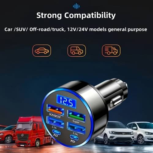 încărcător auto 6-în-1, încărcător rapid de 66w pentru telefonul mobil, încărcător auto cu 4 porturi usb + 2 porturi type-c, universal pentru toate modelele, încărcător auto dedicat