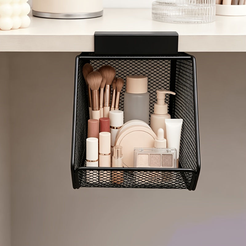 TEMU Standing Shelf Under-counter Hanging Metal Mesh Storage Basket, Bathroom Sink Hanging Basket, Rust-proof Drainage Design, Skincare And Hair