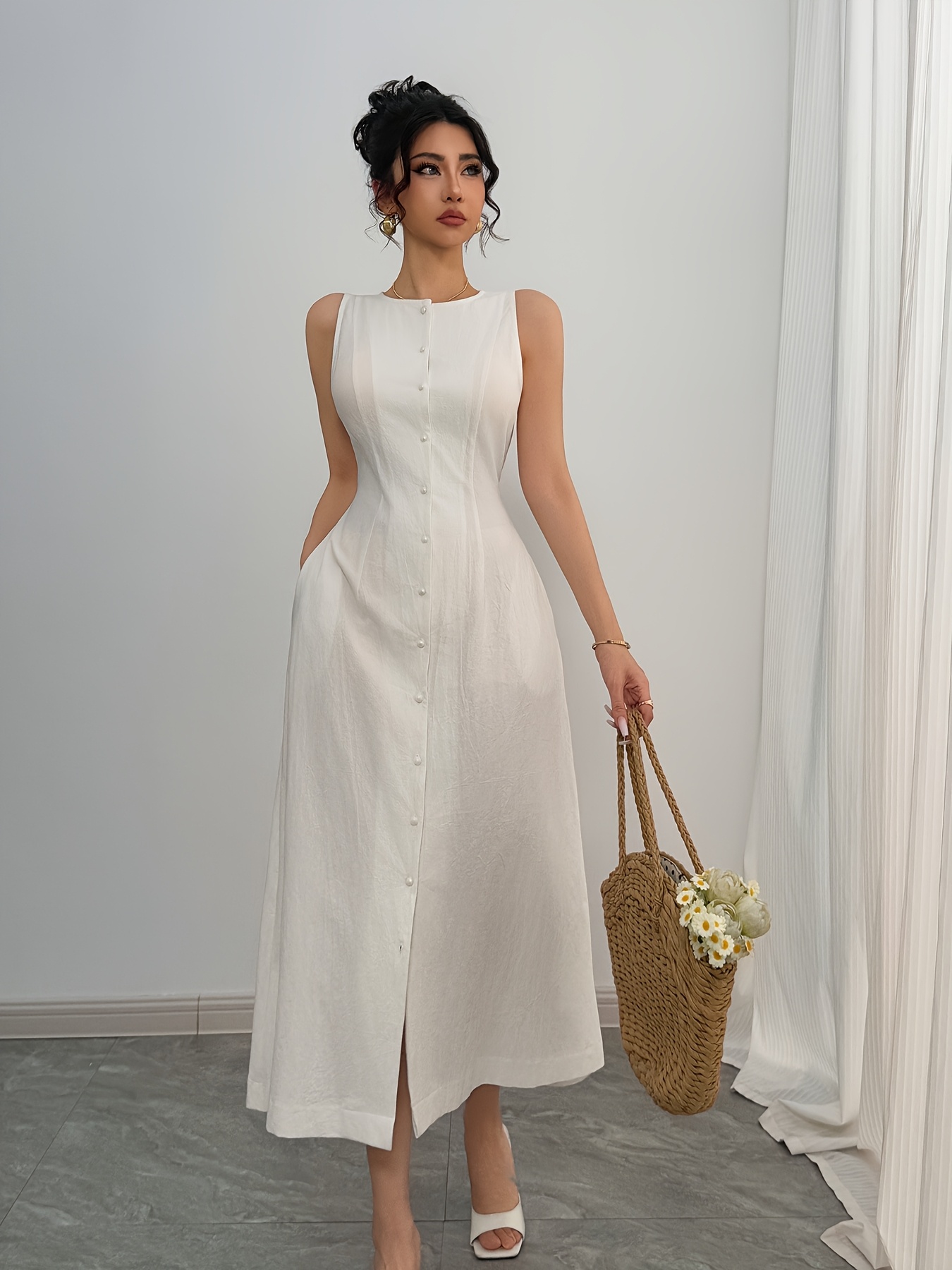 Elegant Sleeveless Dress White *-Length, Peplum Fit with Button Detail  Spring/Summer, Casual to Semi-Formal Attire, Casual Attire|Pe