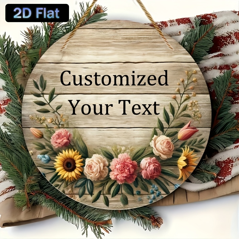 TEMU 2d Flat, Personalized Text Floral Farmhouse Wall Decor - Customizable Vintage Hanging With Wreath, Indoor/outdoor Decoration For Porch, Garden,