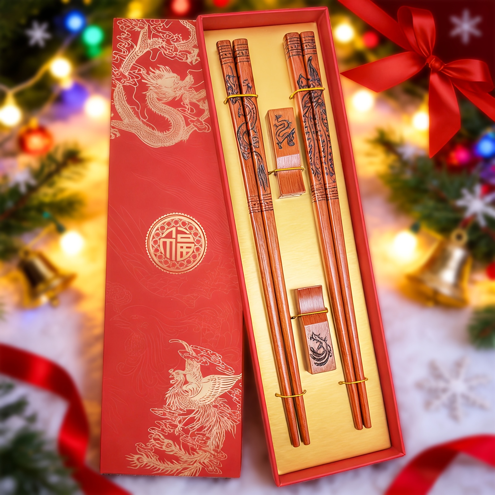 TEMU Ensemble de en Bois Réutilisables avec Dragon et Chinois, Cadeau Traditionnel Chinois avec Support et Boîte pour Fêtes, Mariages, Noël, Fête des