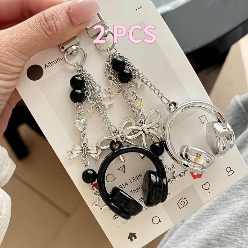 TEMU 2 piezas de dije de auriculares con cuentas 3D, lindo y , para llavero, correa de teléfono, colgante, accesorios decorativos para colgar en