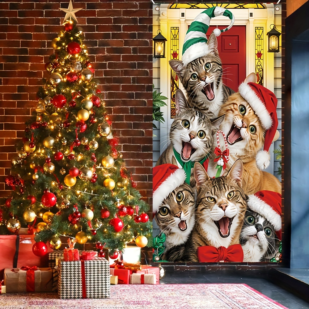 

Adorable Kitten Christmas Door Banner - 35.4x70.8" Polyester, Indoor/outdoor Porch Decor, Holiday Photography & Festive Home Accent