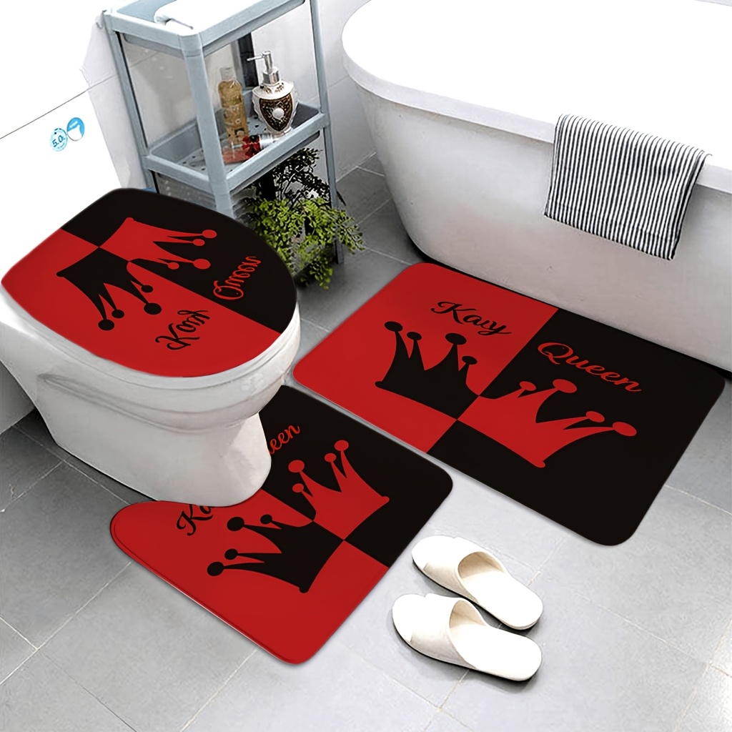 3-delige badkamerkleed set zwart en rood gesplitste achtergrond met gegenspelende   silhouetten en contrasterende cursieve tekst no slip wasbare hoes vloerkleed decoraties voor keuken badkamer slaapkamer, set bevat badkleed, contour mat, en toiletdeksel cover