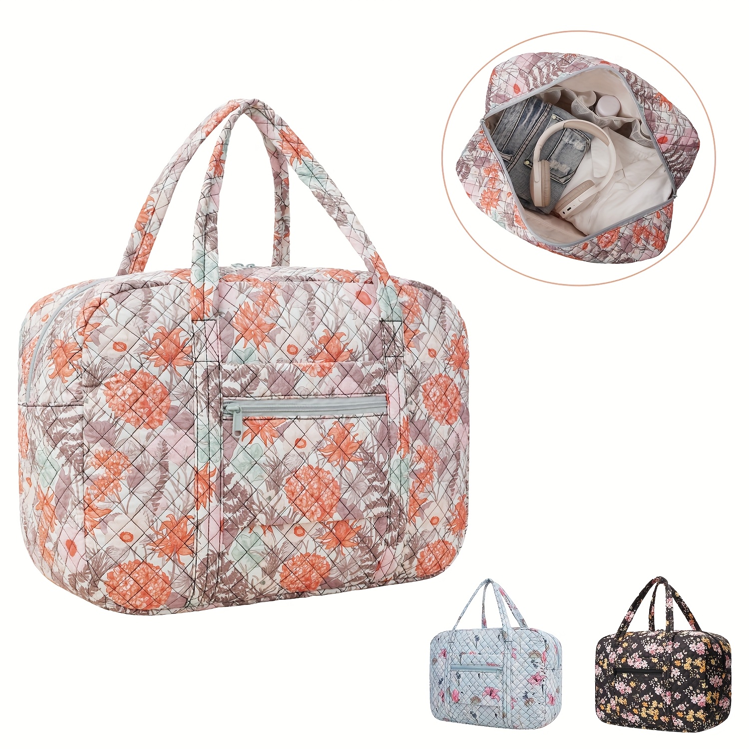 ★athe★ RUBAN Ivory Flower Pattern Ribbon Duffle Bag L quilted duffle bag women airplane approved floral - Temu