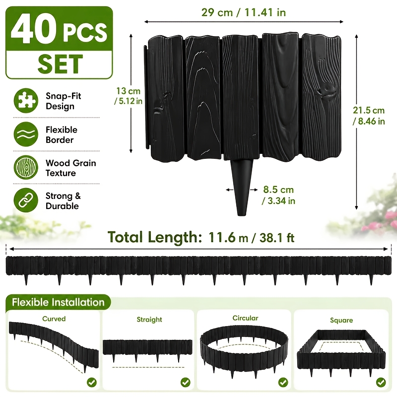 Image of 40pcs Lawn Edging Border Fence, 11.6m Flexible Garden Border With Wood Effect Panels, Connection Plastic Edging For Flower Beds, Gardens, Yards, And Landscape Decoration