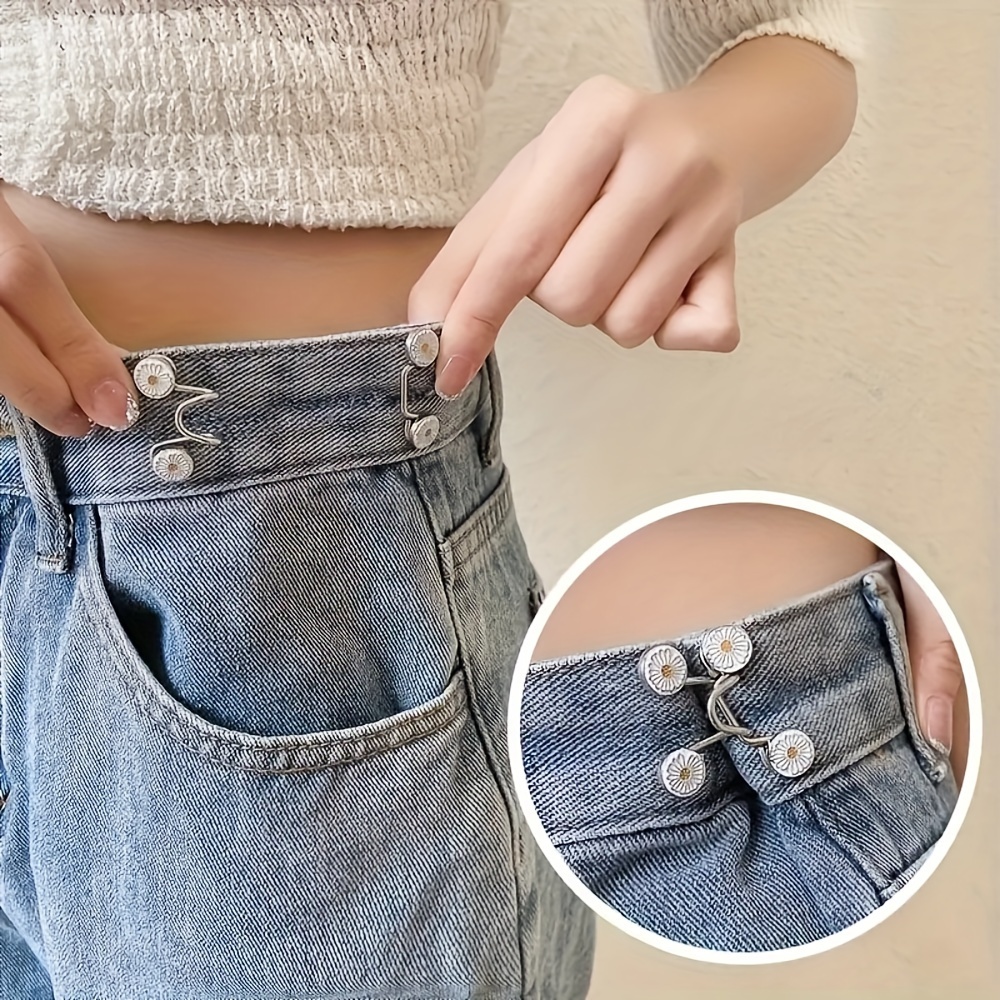 

4-piece Adjustable No-sew Jeans Buttons - Reusable Invisible Waistband Extenders For Denim & Clothing, Durable Metal Construction, White