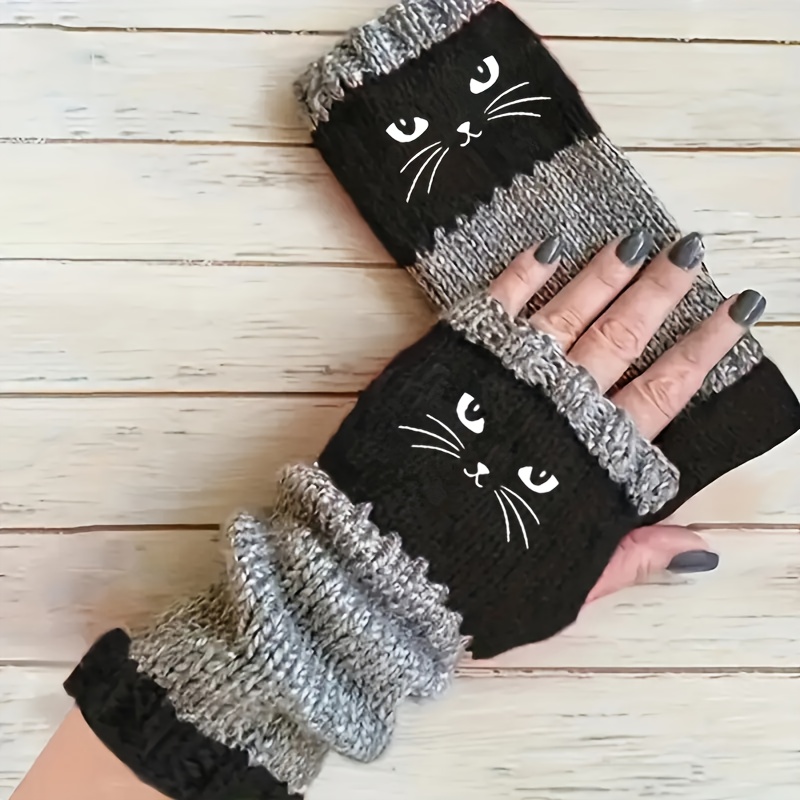 new autumn winter cat embroidery color block vintage   fingerless gloves thickened womens casual gloves