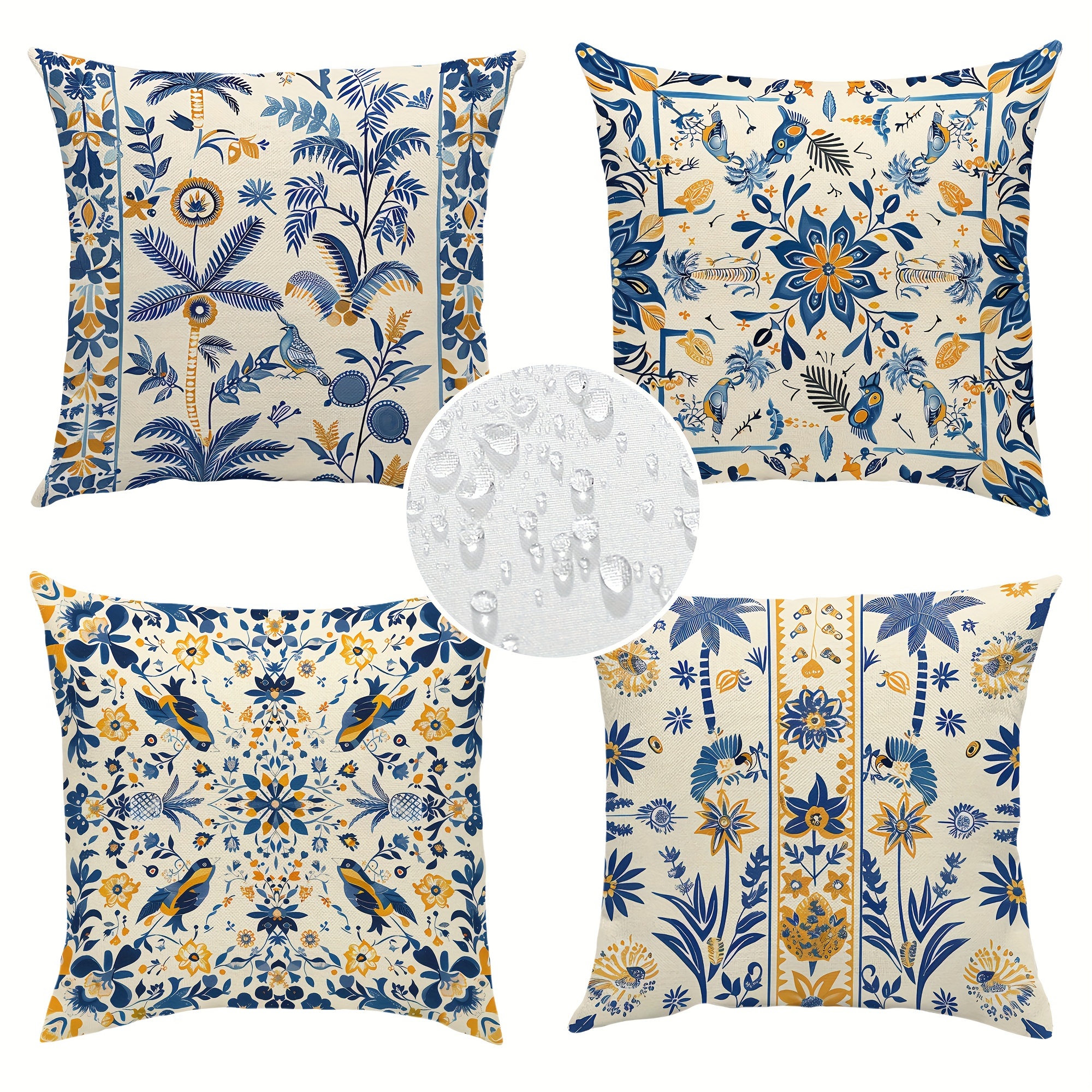 

4pcs Tropical Bohemian Throw Pillow Covers, 18x18 Inch - Waterproof Twill, Blue & Yellow, Patio, Garden, And Outdoor Furniture Decor