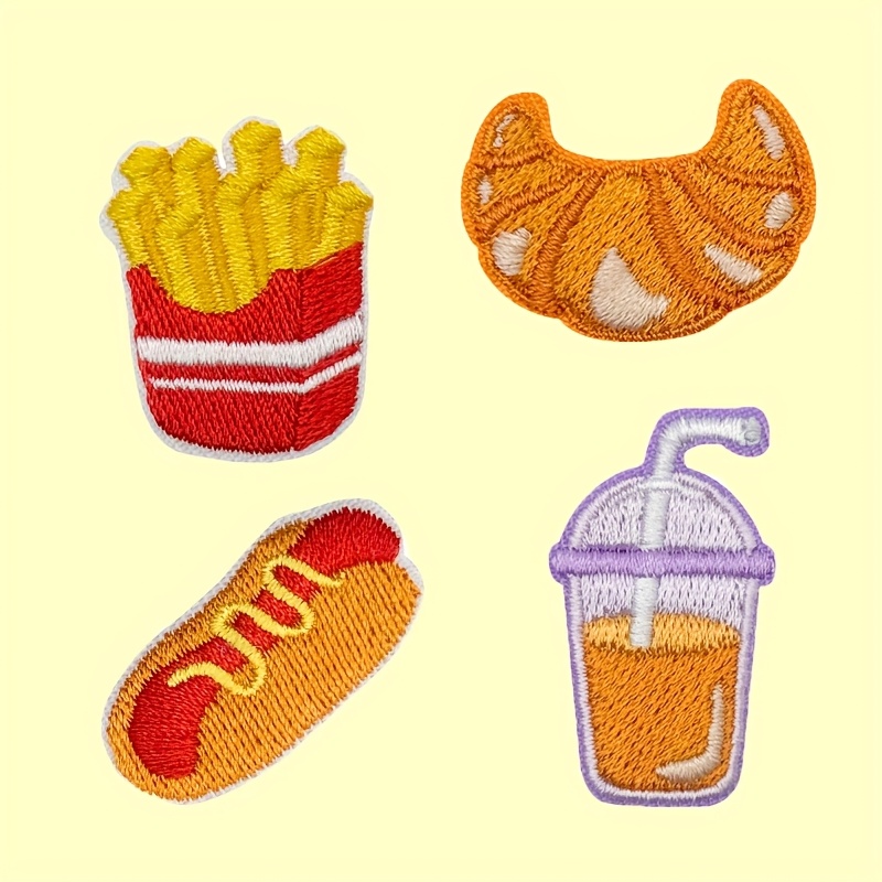 E-shop 4 Stück -Applikationen – Hähnchen, Burger, Hot Dog, Croissant, Getränk – Bügel- Näh-Patches für DIY, Mehrfarbige Stoffpatches für Kleidung,