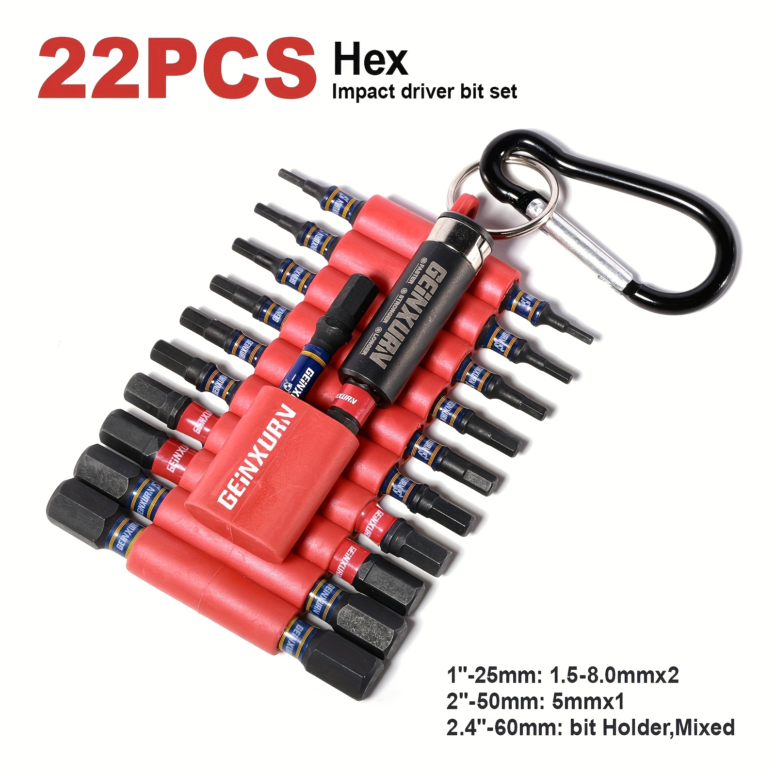 

22pcs Hex Impact Driver Bit Set, S2 Steel, , No Required, Hex Head, Industrial Hand Tools, Geinxurn Brand