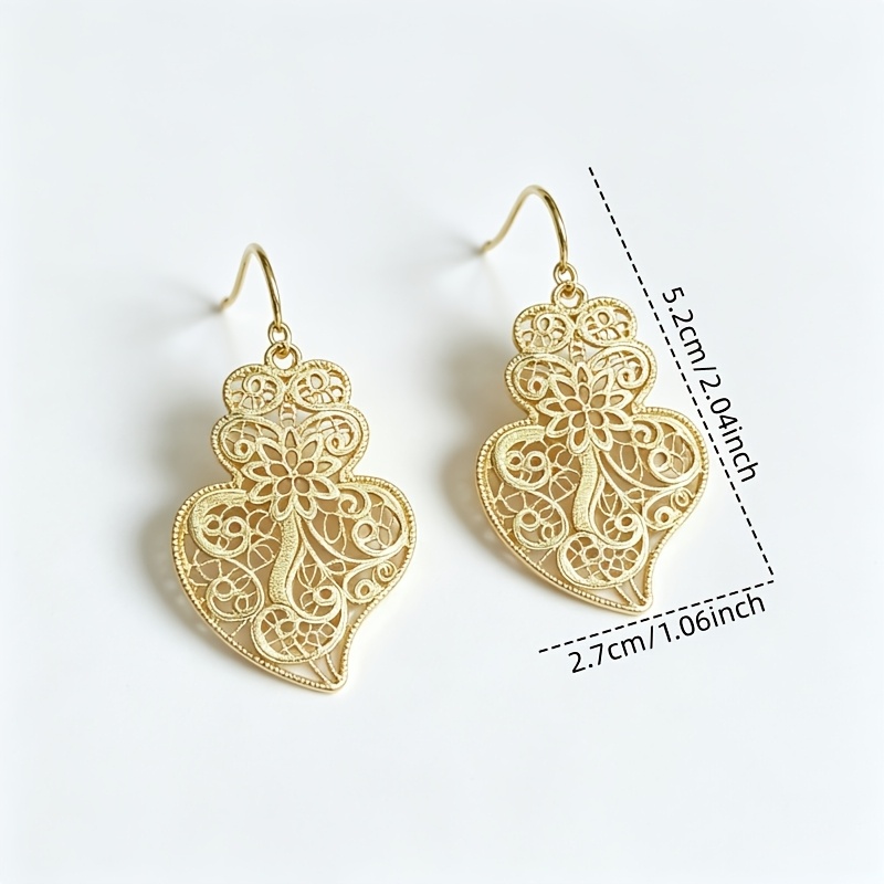 Vintage Filigree Openwork Heart & Floral Drop Earrings, Elegant Design