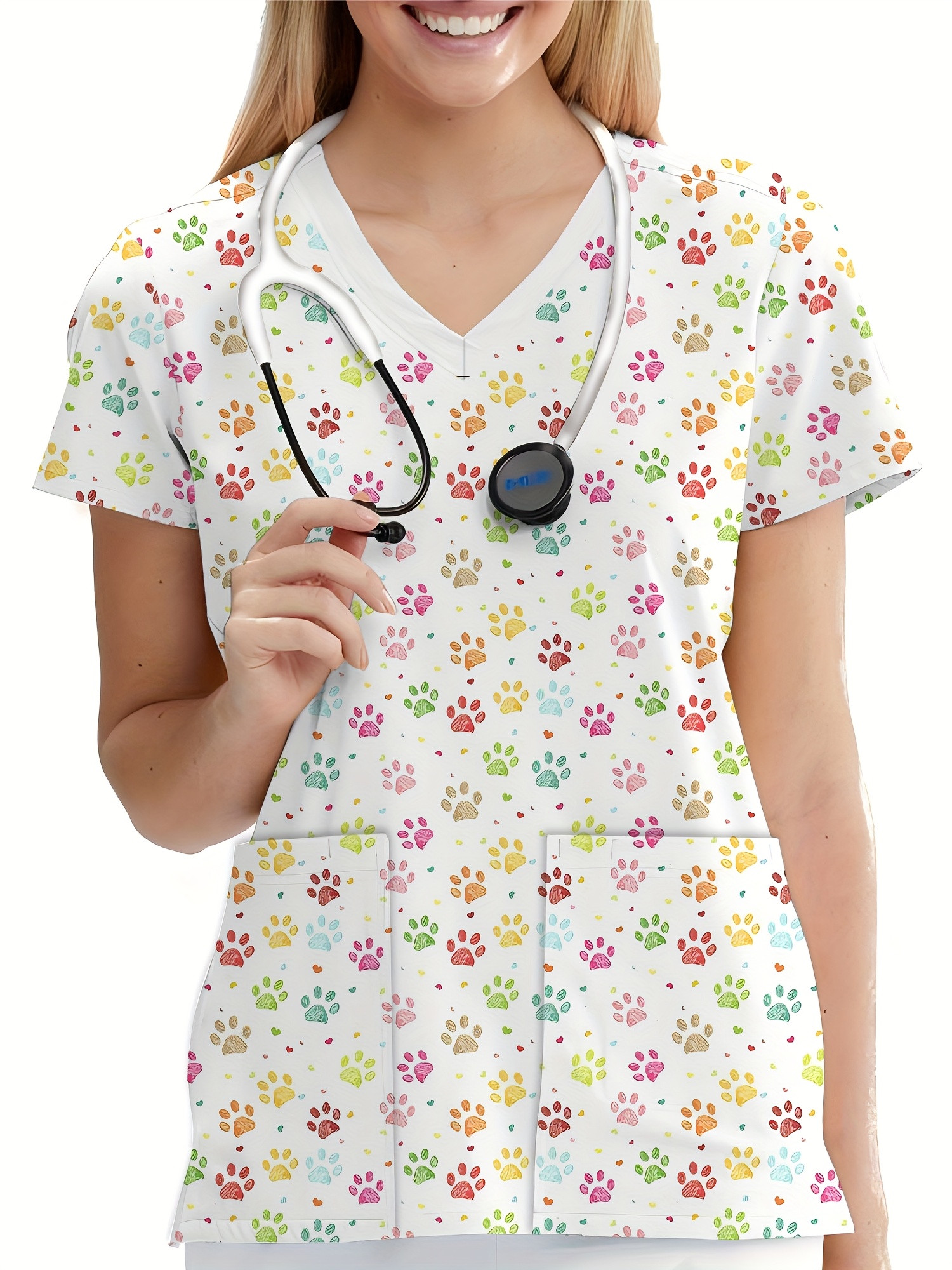 womens cute animal paw print v neck scrub Temu South Africa