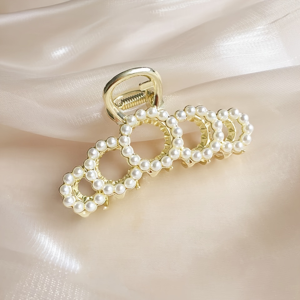 Image of 1pc Elegant Pearl Metal Hair Claw Clip, High-end Back Of Head Shark Clip, Suitable For Daily Life And Parties