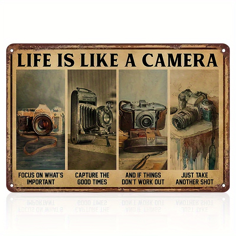 

Vintage Camera Metal Tin Sign - Perfect Photographer Gift, 'focus On What's Important' Quote, Funny Wall Art For Home, Bar, Cafe & Gym Decor, Easy Hang 8x12