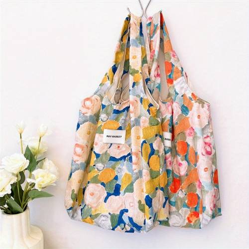 portable large bag sweet vest bag retro oil painting flower canvas bag casual shoulder bag cloth bag for travel work combines and practicality