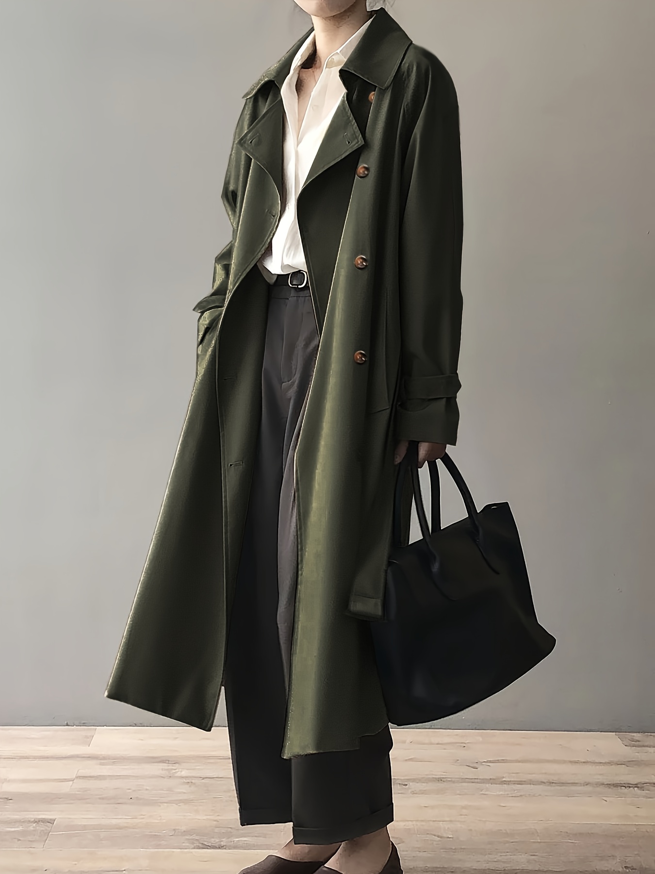 womens olive green double breasted trench coat belt long Temu