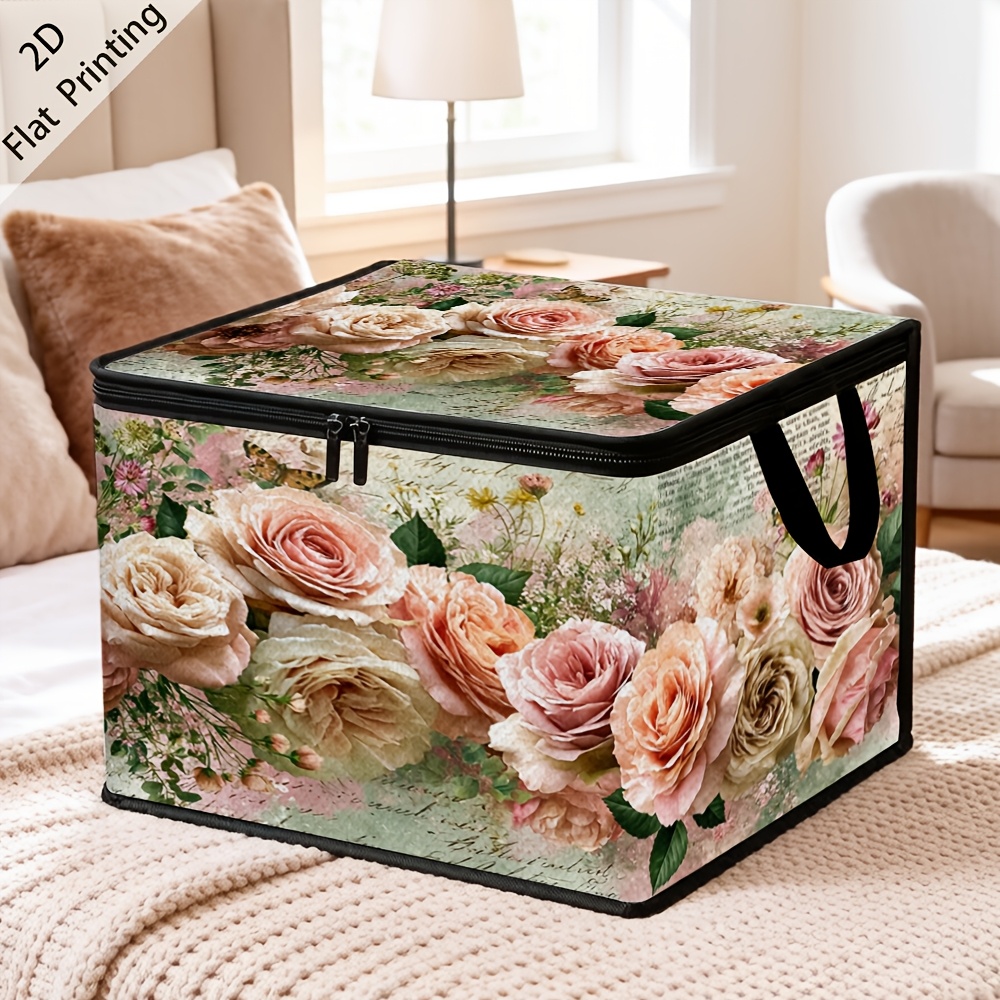 TEMU 1pc Suige Home Large Vintage Blush & Cream Roses Fabric Storage Box With Lid - Rectangular Suitable For Blankets, Clothing Organizer, Decorative