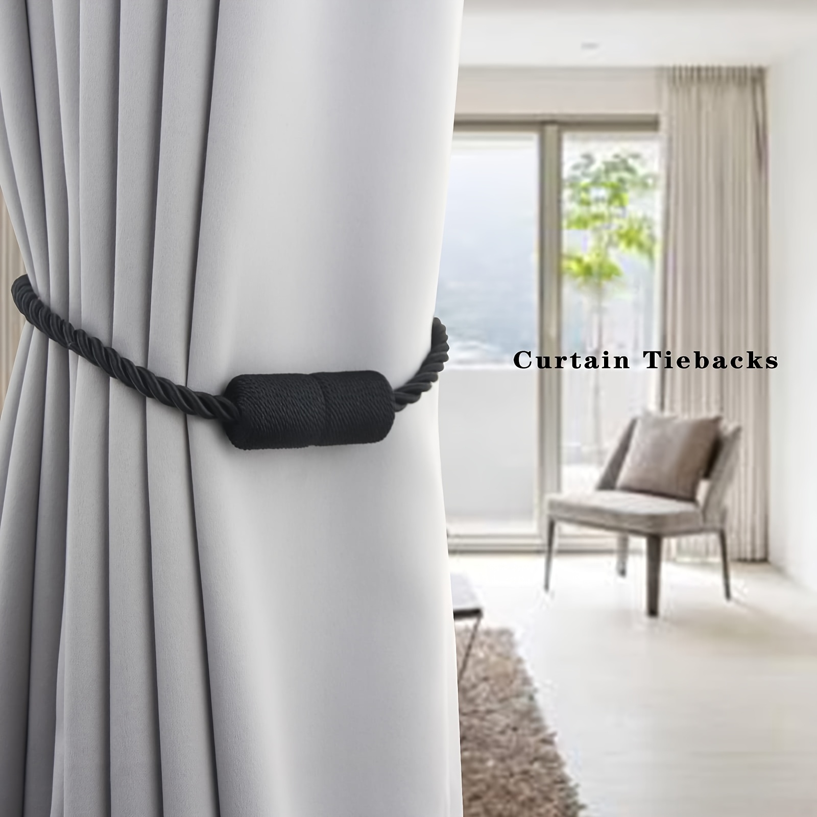 2 Pack Black Strong Magnetic Curtain Tiebacksoutdoor Elegant Decorative Tie Backs Modernrope Tiebacks for Drapes Window Curtainholdbacks for Draperies