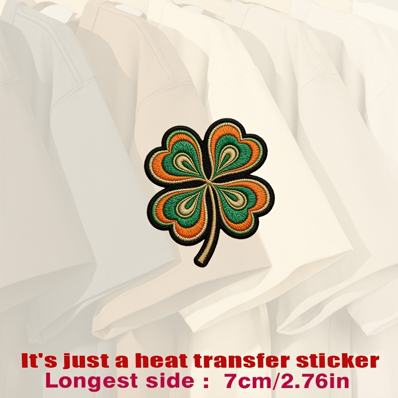 TEMU Levendig Klaverblad met Groene, Oranje en Beige Draadjes op Zwarte Achtergrond, Transfer Stickers Geschikt voor Platte Stoffen Zoals Kleding,