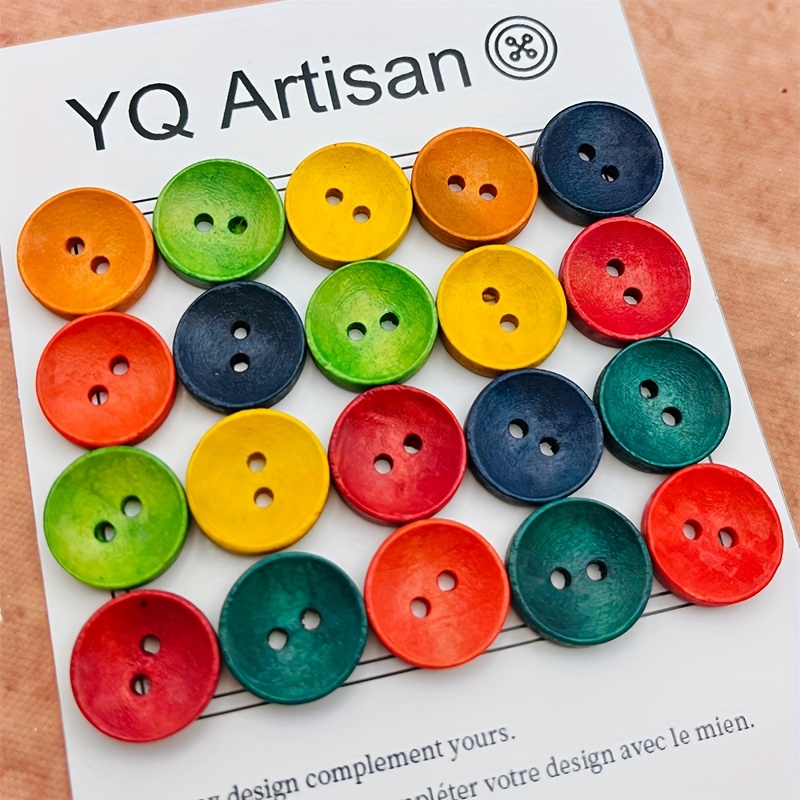 Image of 20pcs Colorful Wooden Buttons, Diy Craft Supplies, 15mm, , For Knitwear, Sewing, Resin Materials, Perfect For , Bags, And Home Decor