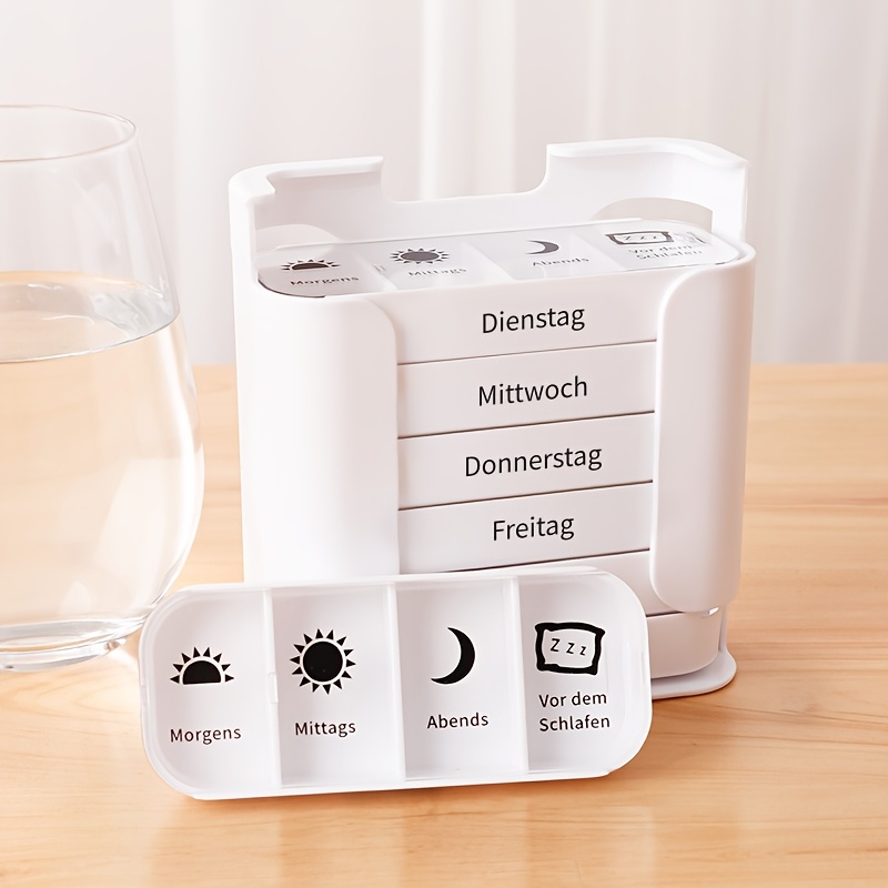 Image of German Version Vanyarlife Weekly Medication Organizer (4 Time Sections/day) - Portable 7-day Pill Box, Suitable For Morning/afternoon/evening, Easy To Carry, Convenient Medicine Box For The
