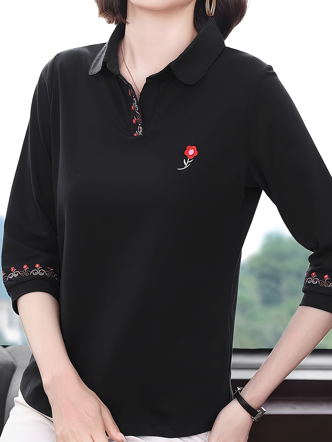 Chic Embroidered 3/4 Sleeve Collar T-Shirt for Women Casual, Machine Washable, Spring/Fall Collection, Loose Fit, 2024, Mom's Shirt