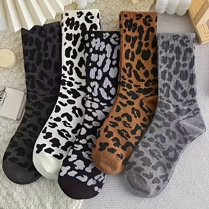 

5 Pairs Leopard Print Mid-calf Socks - Stylish High Waist, Stretchy Polyester , Comfortable & Trendy For Women (black, White, Brown, Gray), Casual Attire | Trendy Sock Design | , Cute Socks