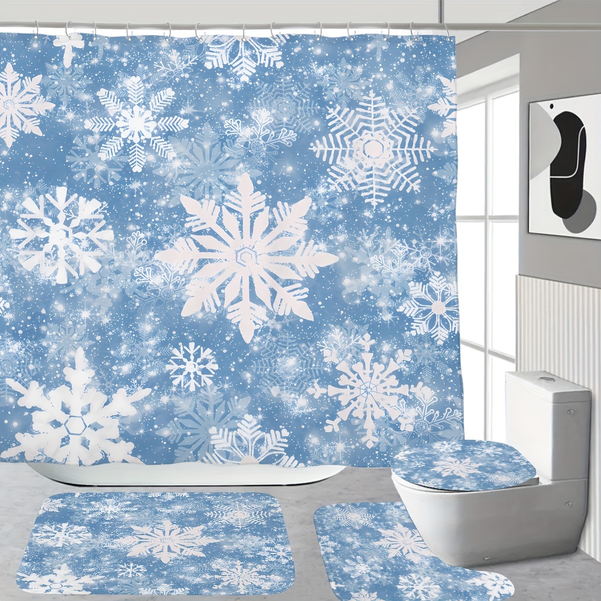 

Snowflake Shower Curtain Set With Non-slip Bath Mats And Toilet Lid Cover, Polyester Waterproof Bathroom Decor With 12 Hooks, Cordless Woven Fabric, No Needed - Winter Forest Theme Accessory Set