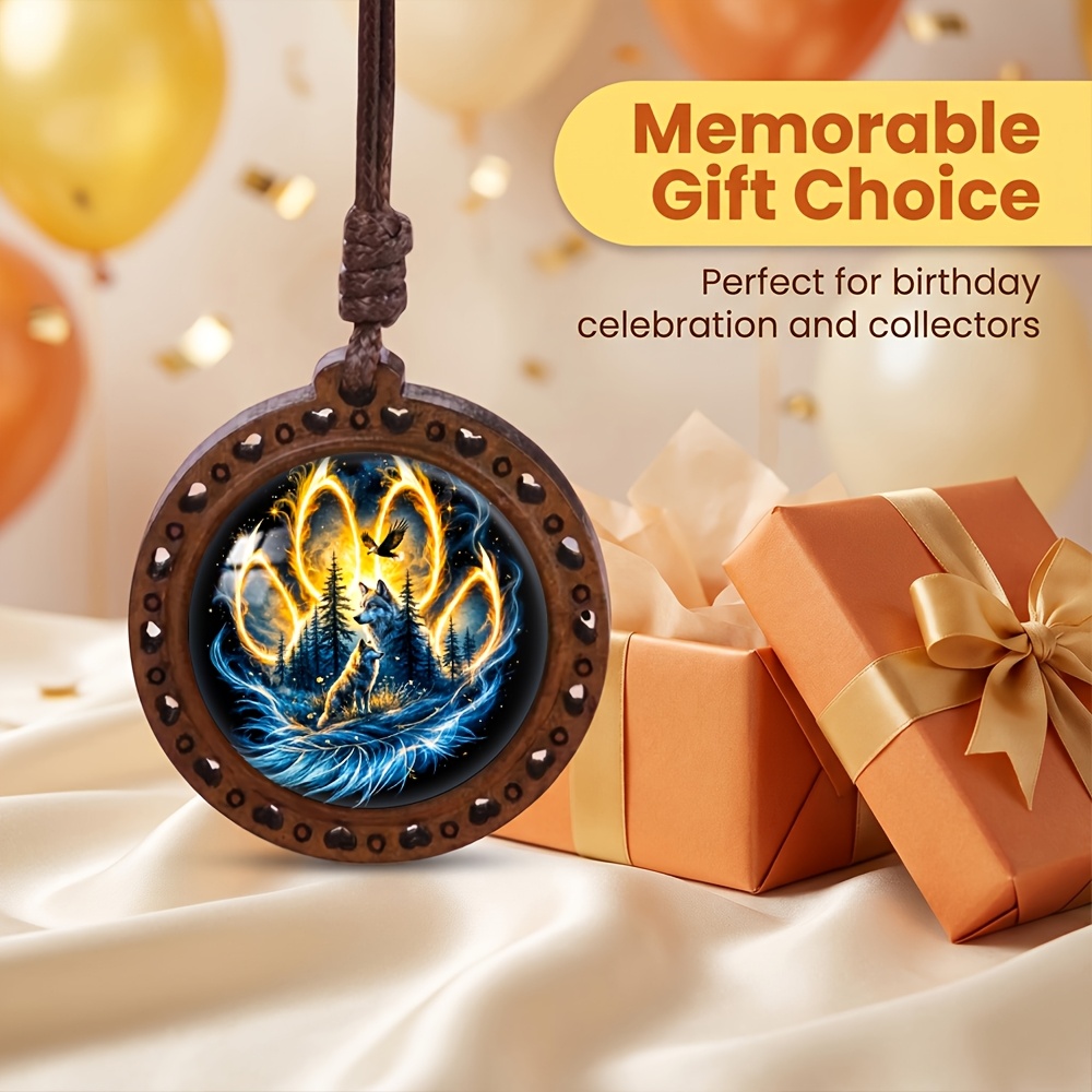 Blazing Wolf Eagle Forest Heart Wooden Necklace
