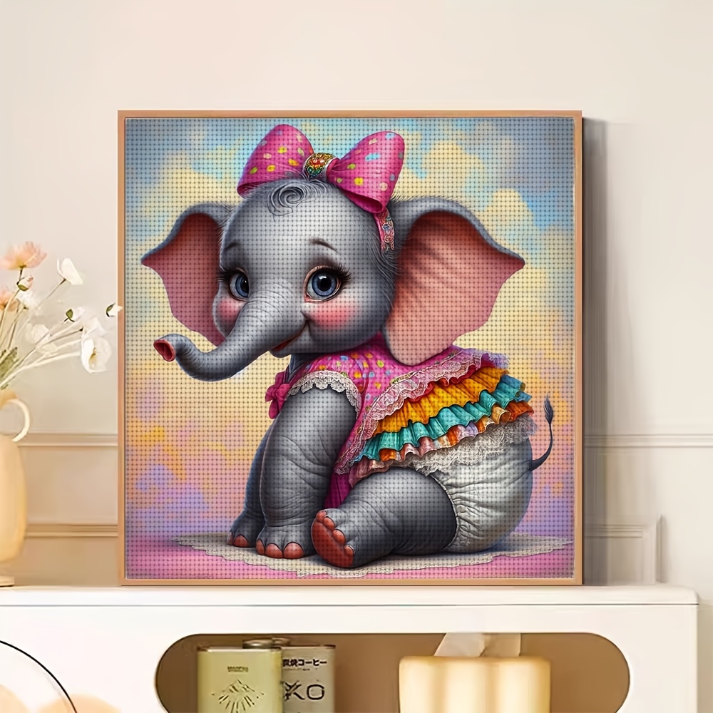 Frameless Cross-Stitch Printed Kit, Cute Little Elephant with Bow