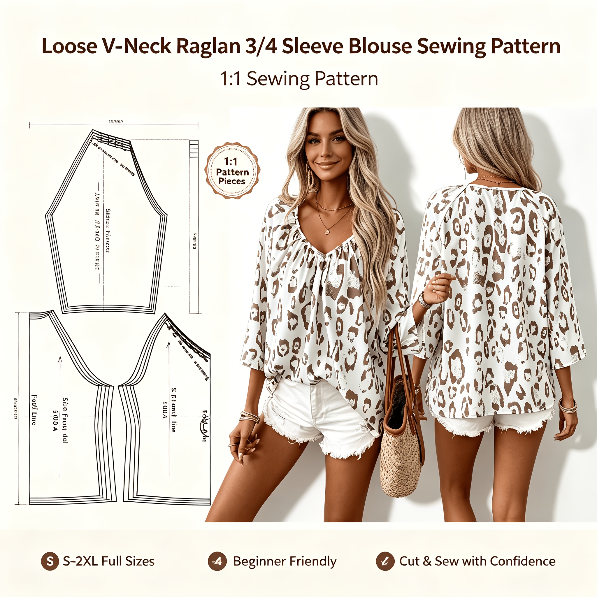 TEMU Fashionable Loose V-neck Raglan 3/4 Sleeve Shirt Sewing Pattern. This Is A Pattern, Not A Garment. Available In Multiple Sizes S-2xl. Based On A
