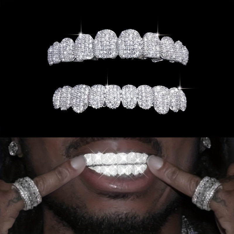 

1pc/2pcs Hip Hop Men's Cubic Zirconia Teeth Grillz, 10 Top And Bottom Teeth Grillz