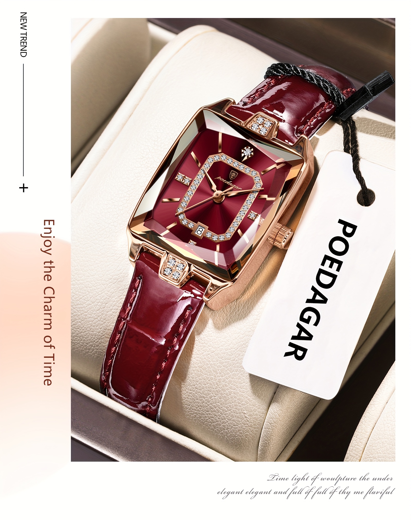 womens elegant watch   ladies wristwatch with burgundy dial square case quartz movement high quality up to 3atm 30m pu leather strap everyday formal jewelry like accessory for women stylish wristwear sophisticated     dial fashionable   fashion accessory chic wristwear durable   professional women Product details 3