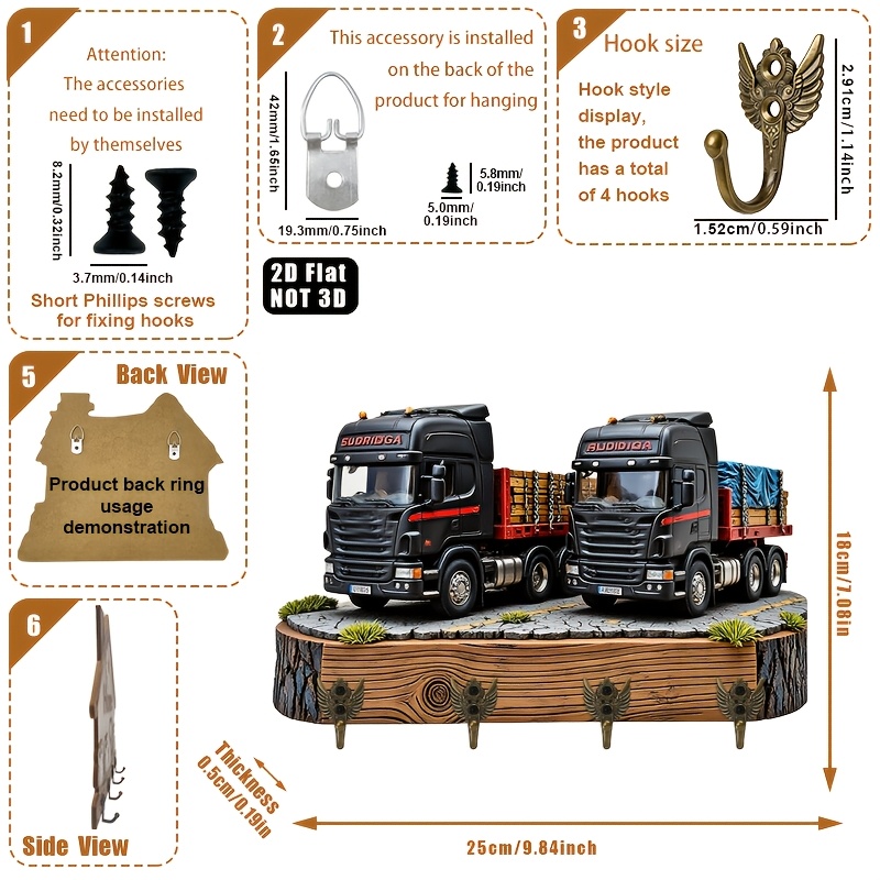 E-shop 2D Flach. . Schwerlast-LKW Modell Schlüsselhaken - Multifunktionaler dekorativer Schlüsselhalter aus Holz mit vier Metallhaken, Wanddekoration,