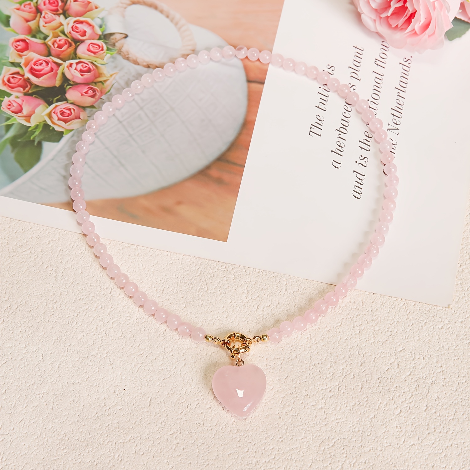TEMU 1pc Bohemian Natural Quartz Beaded Short Necklace For Women, Heart-shaped Rose Quartz Pendant, Dainty Light Choker, Versatile Accessory For