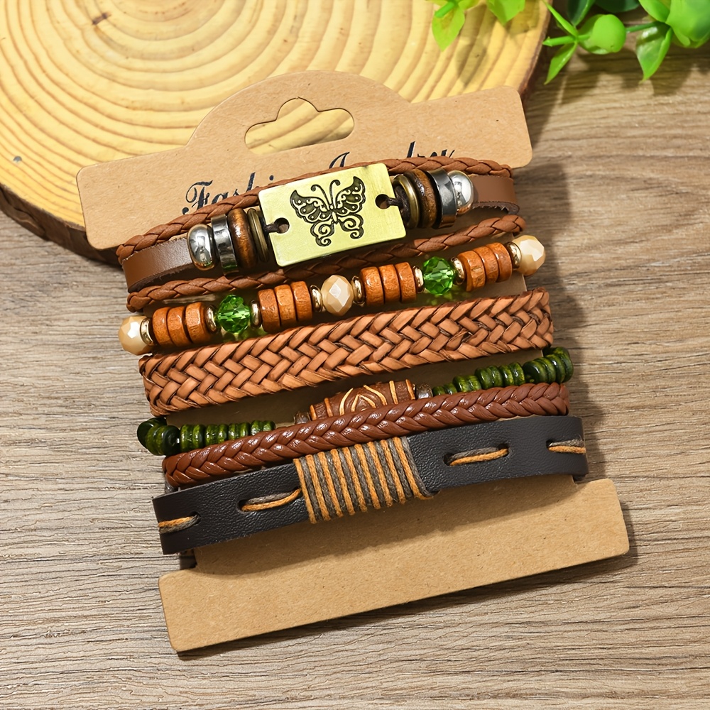 TEMU Bohemian Style Bracelet Set, Vintage Metal Tag Wooden Bead Woven Wristband, Ethnic Style Jewelry