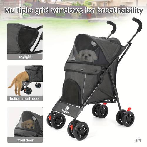 pet stroller designed for small dogs and cats featuring a foldable design adjustable handle six wheels breathable mesh and easy portability