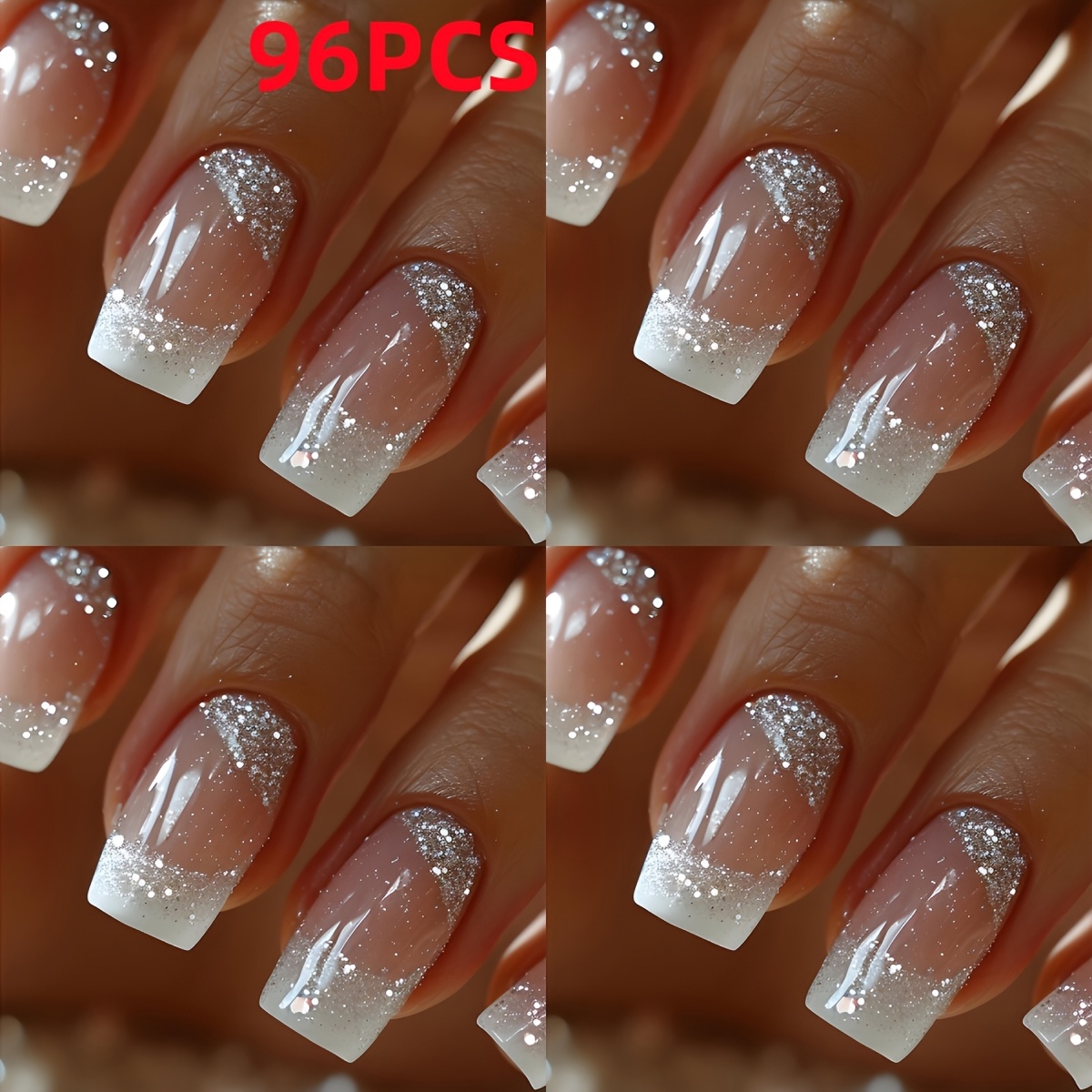 TEMU 96pcs Medium-length Square Press-on Nails With Glitter Golden Powder - Fashionable And Minimalist Detachable Nail Stickers - Suitable For Spring